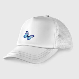 Детская кепка тракер с принтом Синяя бабочка в Екатеринбурге, Козырек - 100% хлопок. Кепка - 100% полиэстер, Задняя часть - сетка | универсальный размер, пластиковая застёжка | Тематика изображения на принте: бабочка | крылья | мотылек | насекомое | полет | рисунок | синий