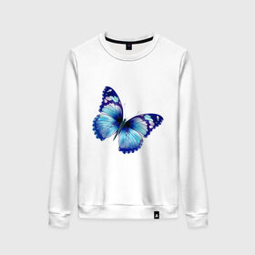 Женский свитшот хлопок с принтом Синяя бабочка в Екатеринбурге, 100% хлопок | прямой крой, круглый вырез, на манжетах и по низу широкая трикотажная резинка  | бабочка | крылья | мотылек | насекомое | полет | рисунок | синий