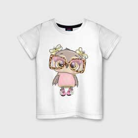 Детская футболка хлопок с принтом Модная малышка совушка в Екатеринбурге, 100% хлопок | круглый вырез горловины, полуприлегающий силуэт, длина до линии бедер | бантики | детские | леопардовый | малышка | мода | модная | мультяшно | очки | реснички | рисунок | хуманизация