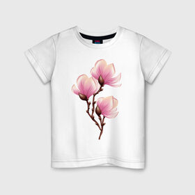 Детская футболка хлопок с принтом ветка магнолии в цвету в Екатеринбурге, 100% хлопок | круглый вырез горловины, полуприлегающий силуэт, длина до линии бедер | весна | ветка | веточка | женственно | жизнь | магнолия | нежно | розовый | цвет | цветет | цветы