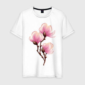 Мужская футболка хлопок с принтом ветка магнолии в цвету в Екатеринбурге, 100% хлопок | прямой крой, круглый вырез горловины, длина до линии бедер, слегка спущенное плечо. | весна | ветка | веточка | женственно | жизнь | магнолия | нежно | розовый | цвет | цветет | цветы