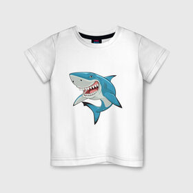 Детская футболка хлопок с принтом акула злая в Екатеринбурге, 100% хлопок | круглый вырез горловины, полуприлегающий силуэт, длина до линии бедер | Тематика изображения на принте: акула | злая | зубы | море | океан | опасность | пасть | природа | рисунок | рыба