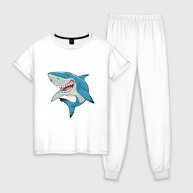 Женская пижама хлопок с принтом акула злая в Екатеринбурге, 100% хлопок | брюки и футболка прямого кроя, без карманов, на брюках мягкая резинка на поясе и по низу штанин | акула | злая | зубы | море | океан | опасность | пасть | природа | рисунок | рыба