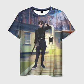 Мужская футболка 3D с принтом BTS SAMURAI в Екатеринбурге, 100% полиэфир | прямой крой, круглый вырез горловины, длина до линии бедер | bts | k pop | kpop | rm | аниме | бтс | ви | джей хоуп | джонгук | кпоп | сюга | чимин | чин | япония
