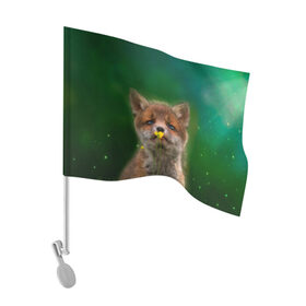 Флаг для автомобиля с принтом Лисенок нюхает цветок в Екатеринбурге, 100% полиэстер | Размер: 30*21 см | fox | foxy | животное | звери | лиса | лисенок | лисичка | милая | рыжая | фокс