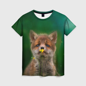 Женская футболка 3D с принтом Лисенок нюхает цветок в Екатеринбурге, 100% полиэфир ( синтетическое хлопкоподобное полотно) | прямой крой, круглый вырез горловины, длина до линии бедер | fox | foxy | животное | звери | лиса | лисенок | лисичка | милая | рыжая | фокс