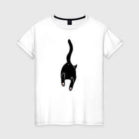 Женская футболка хлопок с принтом Убегающий кот в Екатеринбурге, 100% хлопок | прямой крой, круглый вырез горловины, длина до линии бедер, слегка спущенное плечо | animals | cat | kitty | meow | животные | звери | киса | киска | кот | котенок | кошак | кошачьи лапки | лапки | милые создания | минимализм | мультяшный | мур | мяу | питомец | попка котика | прыжок | рисунок