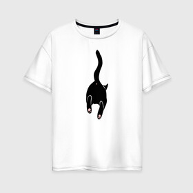 Женская футболка хлопок Oversize с принтом Убегающий кот в Екатеринбурге, 100% хлопок | свободный крой, круглый ворот, спущенный рукав, длина до линии бедер
 | animals | cat | kitty | meow | животные | звери | киса | киска | кот | котенок | кошак | кошачьи лапки | лапки | милые создания | минимализм | мультяшный | мур | мяу | питомец | попка котика | прыжок | рисунок