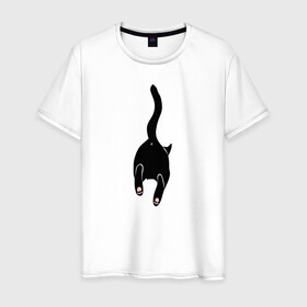 Мужская футболка хлопок с принтом Убегающий кот в Екатеринбурге, 100% хлопок | прямой крой, круглый вырез горловины, длина до линии бедер, слегка спущенное плечо. | animals | cat | kitty | meow | животные | звери | киса | киска | кот | котенок | кошак | кошачьи лапки | лапки | милые создания | минимализм | мультяшный | мур | мяу | питомец | попка котика | прыжок | рисунок