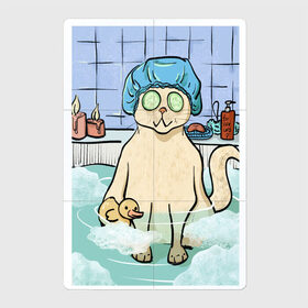 Магнитный плакат 2Х3 с принтом Счастливая кошка в ванной в Екатеринбурге, Полимерный материал с магнитным слоем | 6 деталей размером 9*9 см | Тематика изображения на принте: ванна | вода | забавная | кошка | мем | милая | отдых | рисунок | уточка | чилл