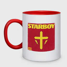 Кружка двухцветная с принтом The Weeknd STARBOY в Екатеринбурге, керамика | объем — 330 мл, диаметр — 80 мм. Цветная ручка и кайма сверху, в некоторых цветах — вся внутренняя часть | starboy | the weeknd | xo | старбой