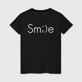 Женская футболка хлопок с принтом SMILE | УЛЫБКА в Екатеринбурге, 100% хлопок | прямой крой, круглый вырез горловины, длина до линии бедер, слегка спущенное плечо | creative | minimalism | smile | креатив | креативная | минимал | минимализм | надпись | смайл | смайлик | текст | улыбка