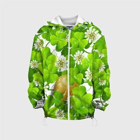 Детская куртка 3D с принтом Ирландский Клевер и Монетка в Екатеринбурге, 100% полиэстер | застежка — молния, подол и капюшон оформлены резинкой с фиксаторами, по бокам — два кармана без застежек, один потайной карман на груди, плотность верхнего слоя — 90 г/м2; плотность флисового подклада — 260 г/м2 | день ирландии | зеленая | зеленый | ирландец | ирландская | ирландский | клевер | монета | патрик | с патриком