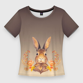 Женская футболка 3D Slim с принтом заяц в цветочках в Екатеринбурге,  |  | зайчик | заяц | кролик | крольченок | осень | портрет | природа | рамка | смелый | цветы