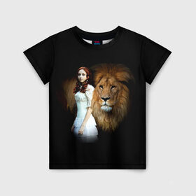 Детская футболка 3D с принтом Львиная дружба в Екатеринбурге, 100% гипоаллергенный полиэфир | прямой крой, круглый вырез горловины, длина до линии бедер, чуть спущенное плечо, ткань немного тянется | девушка | животное | зверь | кошка | красотка