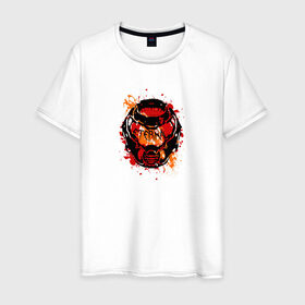 Мужская футболка хлопок с принтом Doom Eternal в Екатеринбурге, 100% хлопок | прямой крой, круглый вырез горловины, длина до линии бедер, слегка спущенное плечо. | doom eternal | брызги | герой | дум | думгай | игра | краска | маска | персонаж | шлем