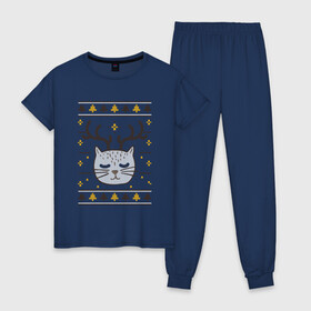 Женская пижама хлопок с принтом Рождественский свитер с котом в Екатеринбурге, 100% хлопок | брюки и футболка прямого кроя, без карманов, на брюках мягкая резинка на поясе и по низу штанин | food | mandarins | mem | meme | new year | sweater | ugly | в слюнявчике | еда | жрать | жрац | кот | котяра | кушац | кушот | мем | мем с котом | мемы | неси | новый год | оливье | прикол | рождество | свитер | слюнявчик
