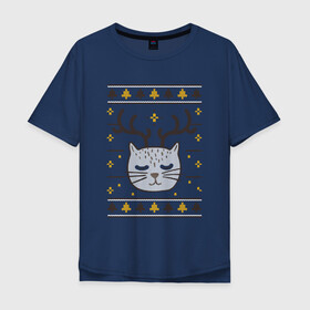 Мужская футболка хлопок Oversize с принтом Рождественский свитер с котом в Екатеринбурге, 100% хлопок | свободный крой, круглый ворот, “спинка” длиннее передней части | food | mandarins | mem | meme | new year | sweater | ugly | в слюнявчике | еда | жрать | жрац | кот | котяра | кушац | кушот | мем | мем с котом | мемы | неси | новый год | оливье | прикол | рождество | свитер | слюнявчик