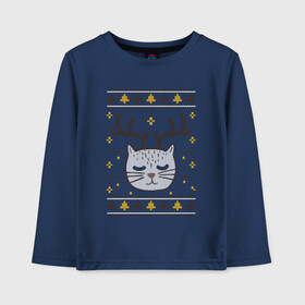 Детский лонгслив хлопок с принтом Рождественский свитер с котом в Екатеринбурге, 100% хлопок | круглый вырез горловины, полуприлегающий силуэт, длина до линии бедер | food | mandarins | mem | meme | new year | sweater | ugly | в слюнявчике | еда | жрать | жрац | кот | котяра | кушац | кушот | мем | мем с котом | мемы | неси | новый год | оливье | прикол | рождество | свитер | слюнявчик