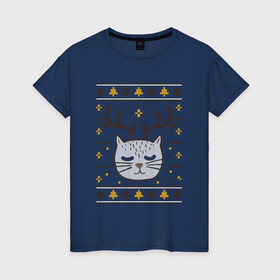 Женская футболка хлопок с принтом Рождественский свитер с котом в Екатеринбурге, 100% хлопок | прямой крой, круглый вырез горловины, длина до линии бедер, слегка спущенное плечо | food | mandarins | mem | meme | new year | sweater | ugly | в слюнявчике | еда | жрать | жрац | кот | котяра | кушац | кушот | мем | мем с котом | мемы | неси | новый год | оливье | прикол | рождество | свитер | слюнявчик
