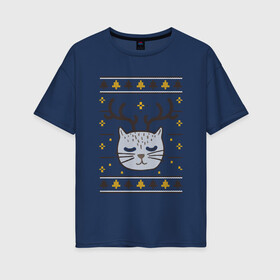 Женская футболка хлопок Oversize с принтом Рождественский свитер с котом в Екатеринбурге, 100% хлопок | свободный крой, круглый ворот, спущенный рукав, длина до линии бедер
 | food | mandarins | mem | meme | new year | sweater | ugly | в слюнявчике | еда | жрать | жрац | кот | котяра | кушац | кушот | мем | мем с котом | мемы | неси | новый год | оливье | прикол | рождество | свитер | слюнявчик