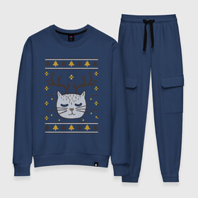 Женский костюм хлопок с принтом Рождественский свитер с котом в Екатеринбурге, 100% хлопок | на свитшоте круглая горловина, мягкая резинка по низу. Брюки заужены к низу, на них два вида карманов: два 
