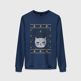Женский свитшот хлопок с принтом Рождественский свитер с котом в Екатеринбурге, 100% хлопок | прямой крой, круглый вырез, на манжетах и по низу широкая трикотажная резинка  | food | mandarins | mem | meme | new year | sweater | ugly | в слюнявчике | еда | жрать | жрац | кот | котяра | кушац | кушот | мем | мем с котом | мемы | неси | новый год | оливье | прикол | рождество | свитер | слюнявчик