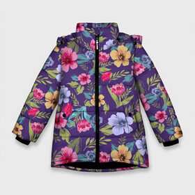 Зимняя куртка для девочек 3D с принтом Весенний букет из цветов в Екатеринбурге, ткань верха — 100% полиэстер; подклад — 100% полиэстер, утеплитель — 100% полиэстер. | длина ниже бедра, удлиненная спинка, воротник стойка и отстегивающийся капюшон. Есть боковые карманы с листочкой на кнопках, утяжки по низу изделия и внутренний карман на молнии. 

Предусмотрены светоотражающий принт на спинке, радужный светоотражающий элемент на пуллере молнии и на резинке для утяжки. | blue | flora | floral | flower | flowers | melody | pattern | romantic | spring | violet | бутон | бутоны | весна | день женщин | для девушек | для женщин | женский день | маки | полевые | праздник | романтика | узор | флора | флористика