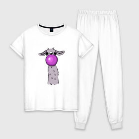Женская пижама хлопок с принтом Лама в Екатеринбурге, 100% хлопок | брюки и футболка прямого кроя, без карманов, на брюках мягкая резинка на поясе и по низу штанин | bubble gum | lama | no drama | баблгам | бубльгум | лама | лама с жвачкой | пузырь
