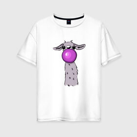 Женская футболка хлопок Oversize с принтом Лама в Екатеринбурге, 100% хлопок | свободный крой, круглый ворот, спущенный рукав, длина до линии бедер
 | bubble gum | lama | no drama | баблгам | бубльгум | лама | лама с жвачкой | пузырь