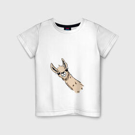 Детская футболка хлопок с принтом Лама в Екатеринбурге, 100% хлопок | круглый вырез горловины, полуприлегающий силуэт, длина до линии бедер | альпака | лама | любопытная лама | улыбающаяся лама