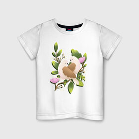 Детская футболка хлопок с принтом Couple of birds в Екатеринбурге, 100% хлопок | круглый вырез горловины, полуприлегающий силуэт, длина до линии бедер | 8 марта | girl | woman | бабушка | весна | девушкам | девушке | девушки | женский | листья | мама | март | пионы | подарок | тренд | цветочки | цветы