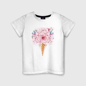 Детская футболка хлопок с принтом Flowers ice cream в Екатеринбурге, 100% хлопок | круглый вырез горловины, полуприлегающий силуэт, длина до линии бедер | 8 марта | girl | woman | бабушка | весна | девушкам | девушке | девушки | женский | листья | мама | март | пионы | подарок | тренд | цветочки | цветы