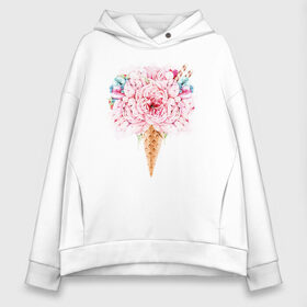 Женское худи Oversize хлопок с принтом Flowers ice cream в Екатеринбурге, френч-терри — 70% хлопок, 30% полиэстер. Мягкий теплый начес внутри —100% хлопок | боковые карманы, эластичные манжеты и нижняя кромка, капюшон на магнитной кнопке | 8 марта | girl | woman | бабушка | весна | девушкам | девушке | девушки | женский | листья | мама | март | пионы | подарок | тренд | цветочки | цветы