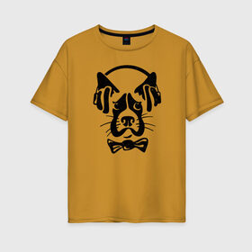 Женская футболка хлопок Oversize с принтом Меломан в Екатеринбурге, 100% хлопок | свободный крой, круглый ворот, спущенный рукав, длина до линии бедер
 | животные | звери | меломан | музыка | наушники | пес | подарок | силуэт | собака | собаки | черный