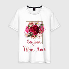 Мужская футболка хлопок с принтом Bonjour Mon Ami Bonjour Друг в Екатеринбурге, 100% хлопок | прямой крой, круглый вырез горловины, длина до линии бедер, слегка спущенное плечо. | Тематика изображения на принте: bonjour mon ami | floral | love | paris | travel | весна | девушка | любовь | мода | париж | стиль | счастье | франция | французская поговорка | французский язык | хорошее настроение | цветы