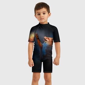 Детский купальный костюм 3D с принтом Лиса и огонек в Екатеринбурге, Полиэстер 85%, Спандекс 15% | застежка на молнии на спине | Тематика изображения на принте: fox | foxy | животное | звери | лиса | лисенок | лисичка | милая | рыжая | фокс