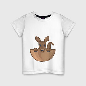 Детская футболка хлопок с принтом Кенгуренок в сумке в Екатеринбурге, 100% хлопок | круглый вырез горловины, полуприлегающий силуэт, длина до линии бедер | Тематика изображения на принте: animals | australia | baby | bag | cute | ears | eyes | jump | kangaroo | leap | mother | nose | paws | pocket | sack | shadow | tail | австралия | глаза | детеныш | животные | карман | кенгуренок | кенгуру | лапы | мама | мешок | милый | нос | няшный | п