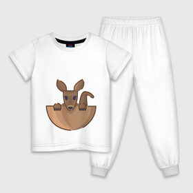 Детская пижама хлопок с принтом Кенгуренок в сумке в Екатеринбурге, 100% хлопок |  брюки и футболка прямого кроя, без карманов, на брюках мягкая резинка на поясе и по низу штанин
 | Тематика изображения на принте: animals | australia | baby | bag | cute | ears | eyes | jump | kangaroo | leap | mother | nose | paws | pocket | sack | shadow | tail | австралия | глаза | детеныш | животные | карман | кенгуренок | кенгуру | лапы | мама | мешок | милый | нос | няшный | п
