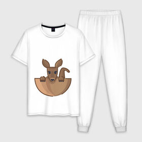 Мужская пижама хлопок с принтом Кенгуренок в сумке в Екатеринбурге, 100% хлопок | брюки и футболка прямого кроя, без карманов, на брюках мягкая резинка на поясе и по низу штанин
 | Тематика изображения на принте: animals | australia | baby | bag | cute | ears | eyes | jump | kangaroo | leap | mother | nose | paws | pocket | sack | shadow | tail | австралия | глаза | детеныш | животные | карман | кенгуренок | кенгуру | лапы | мама | мешок | милый | нос | няшный | п