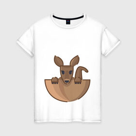 Женская футболка хлопок с принтом Кенгуренок в сумке в Екатеринбурге, 100% хлопок | прямой крой, круглый вырез горловины, длина до линии бедер, слегка спущенное плечо | animals | australia | baby | bag | cute | ears | eyes | jump | kangaroo | leap | mother | nose | paws | pocket | sack | shadow | tail | австралия | глаза | детеныш | животные | карман | кенгуренок | кенгуру | лапы | мама | мешок | милый | нос | няшный | п