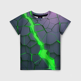 Детская футболка 3D с принтом ЗЕЛЕНЫЙ РАЗЛОМ | 3Д РАЗЛОМ в Екатеринбурге, 100% гипоаллергенный полиэфир | прямой крой, круглый вырез горловины, длина до линии бедер, чуть спущенное плечо, ткань немного тянется | 3d | 3д | abstrakt | couter strike | csgo | dota | geometry | green | lol | rift | steel | wow | абстракт | геометрия | дота | зеленый | камни | кубики | пластик | плиты | разлом | раскол | свет | скин | сталь | текстура | трещина