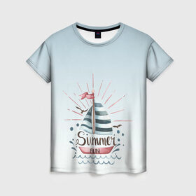 Женская футболка 3D с принтом кораблик лето в Екатеринбурге, 100% полиэфир ( синтетическое хлопкоподобное полотно) | прямой крой, круглый вырез горловины, длина до линии бедер | брызги | вода | волны | градиент | кораблик | лето | море | отдых | отпуск | парусник | фан | чайки | яхта
