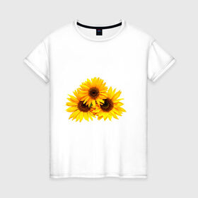 Женская футболка хлопок с принтом Подсолнухи в Екатеринбурге, 100% хлопок | прямой крой, круглый вырез горловины, длина до линии бедер, слегка спущенное плечо | желтый | лето | оранжевый | подсолнухи | рубэкия | румбекия | солнце | цветы | ярко