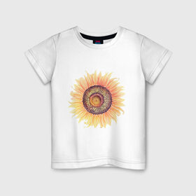 Детская футболка хлопок с принтом большой подсолнух рисунок в Екатеринбурге, 100% хлопок | круглый вырез горловины, полуприлегающий силуэт, длина до линии бедер | акварель | желтый | краска | лето | оранжевый | подсолнухи | рисунок | рубэкия | румбекия | солнце | цветы | ярко