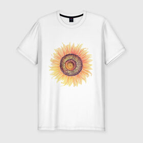 Мужская футболка хлопок Slim с принтом большой подсолнух рисунок в Екатеринбурге, 92% хлопок, 8% лайкра | приталенный силуэт, круглый вырез ворота, длина до линии бедра, короткий рукав | акварель | желтый | краска | лето | оранжевый | подсолнухи | рисунок | рубэкия | румбекия | солнце | цветы | ярко