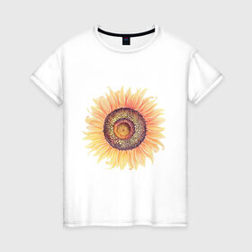 Женская футболка хлопок с принтом большой подсолнух рисунок в Екатеринбурге, 100% хлопок | прямой крой, круглый вырез горловины, длина до линии бедер, слегка спущенное плечо | акварель | желтый | краска | лето | оранжевый | подсолнухи | рисунок | рубэкия | румбекия | солнце | цветы | ярко