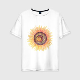 Женская футболка хлопок Oversize с принтом большой подсолнух рисунок в Екатеринбурге, 100% хлопок | свободный крой, круглый ворот, спущенный рукав, длина до линии бедер
 | акварель | желтый | краска | лето | оранжевый | подсолнухи | рисунок | рубэкия | румбекия | солнце | цветы | ярко