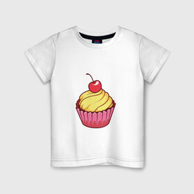 Детская футболка хлопок с принтом кекс с вишней в Екатеринбурге, 100% хлопок | круглый вырез горловины, полуприлегающий силуэт, длина до линии бедер | вишенка | вишня | вкусняшка | десерт | еда | желтый | кекс | кексик | крем | нямка | праздник | розовый | сладости | торт | тортик