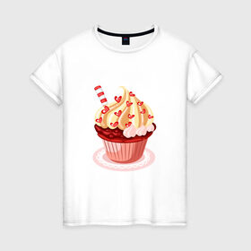 Женская футболка хлопок с принтом кекс сердечки вкуснота в Екатеринбурге, 100% хлопок | прямой крой, круглый вырез горловины, длина до линии бедер, слегка спущенное плечо | вишенка | вкуснотя | вкусняшка | десерт | еда | кекс | кексик | крем | ням | праздник | сладости | торт | тортик